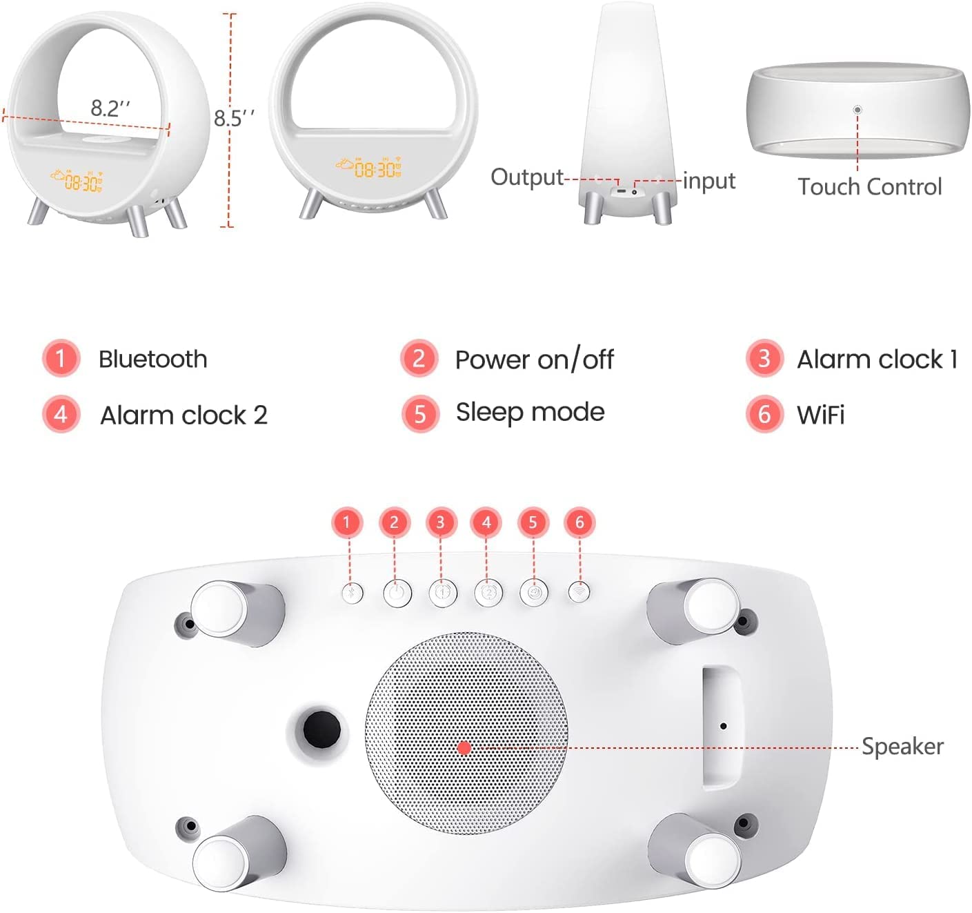 LED Nachttischlampe mit Wecker, WiFi Smart Tischlampe Klangmaschine, Lausprecherkompatibel Alexa/ Google Assistant, 12/24 Kalender, App-Steuerung, Geschenk für Weihnachten, Party, Weiß-1