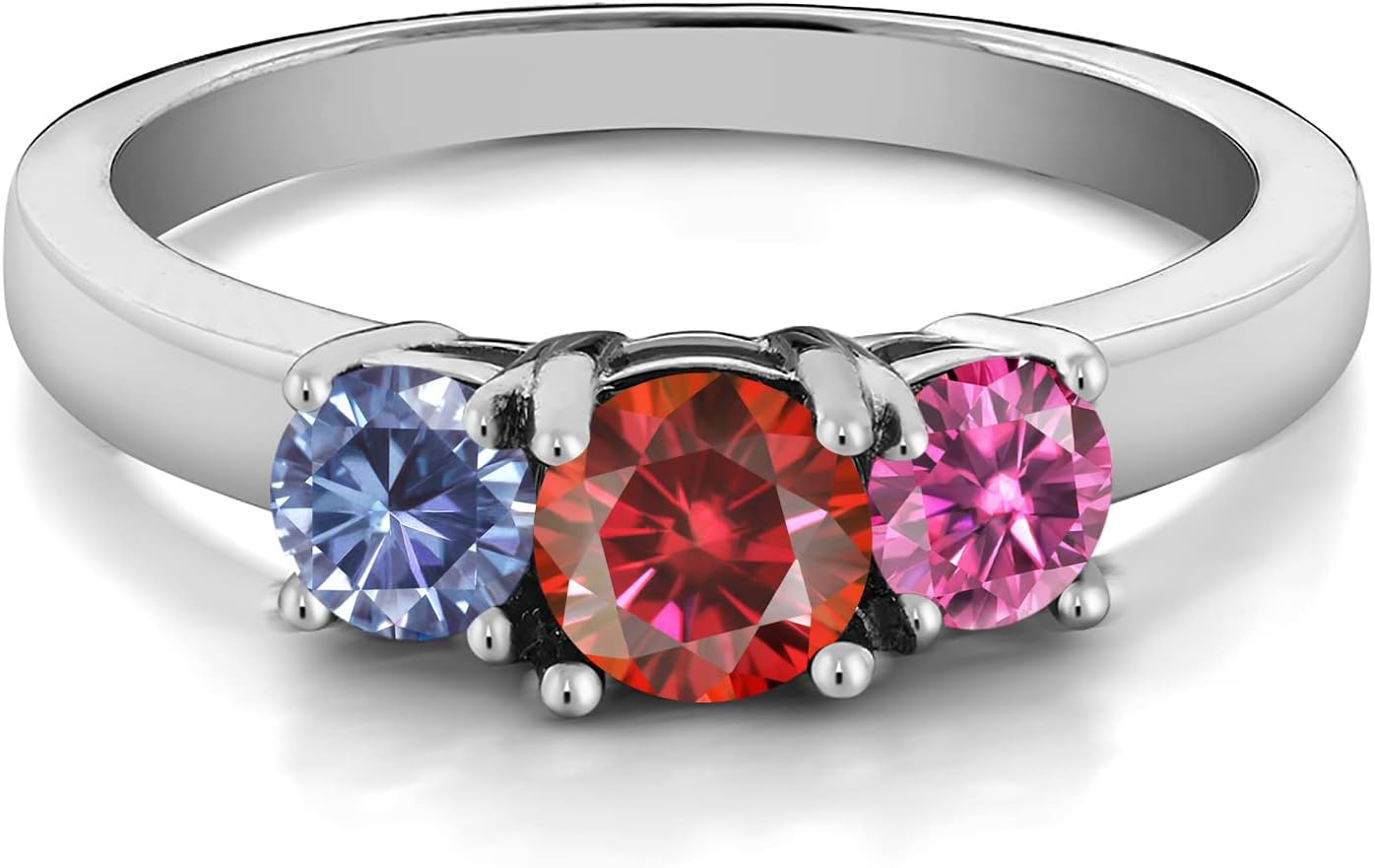 Gem Stone King Customized Personalized Engraved 3-Stone Ring For Women | Round 5MM and 4MM | 925 Sterling Silver | Gemstone Birthstone | 3 Stone Wedding Engagement Anniversary Ring