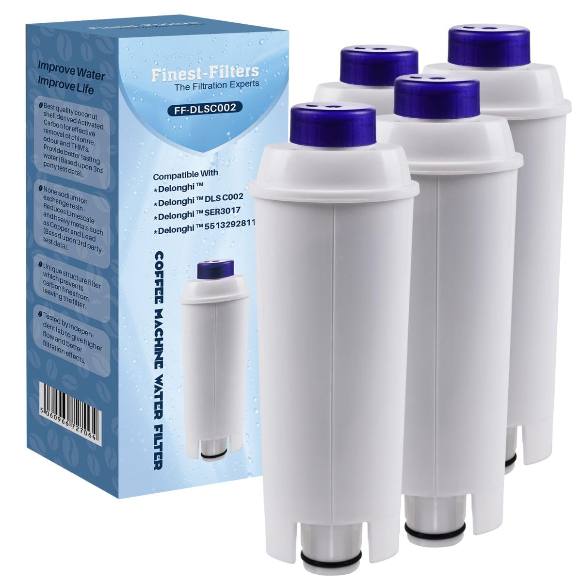 Finest-Filters Coffee Machine Water Filter for DeLonghi DLSC002 Water Filter for De'Longhi ECAM, ETAM, EC, BC Series, SER3017, 5513292811 (4 Pack)