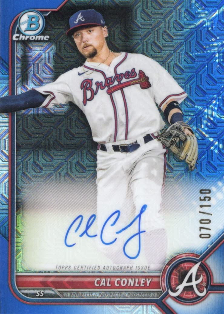 Cal Conley Serial Numbered Autographed #070/150 Blue Ray Wave Bowman Chrome Prospects Auto Special Insert Collectible Baseball Card - 2022 Bowman Chrome Baseball Card #CPA-CC (Braves) Free Shipping