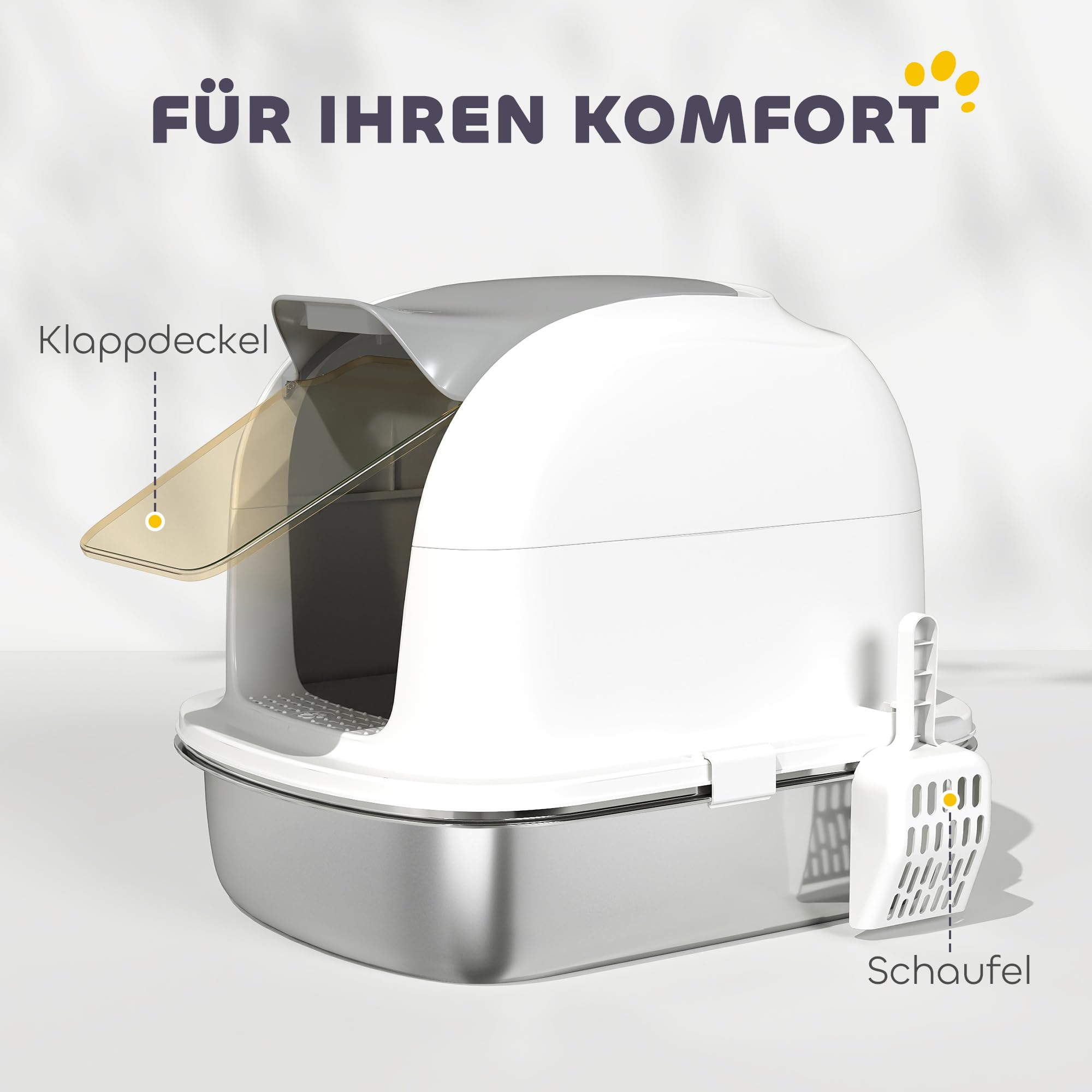 PawHut Katzenklo Edelstahl mit Deckel Kastenklo 52,4 x 41,3 x 42 cm Weiß | Katzentoilette mit Wanne, Inklusive Streuschaufel, Für Katzen unter 5 kg