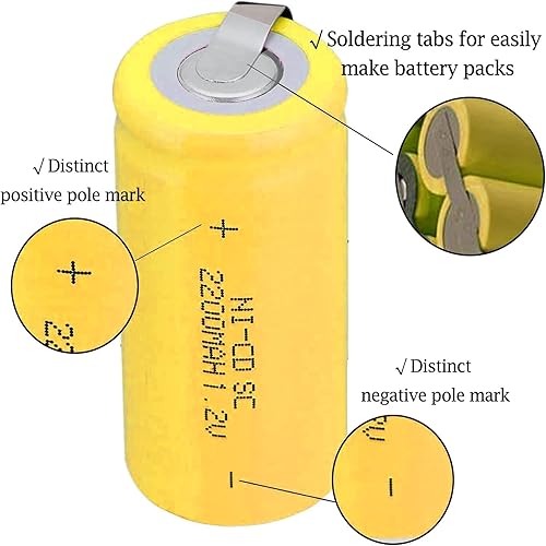Miniatura 5 de Batería recargable Ni-Cd Sub C SC Baterías, 1.2V 2200 mAh con pestañas para herramientas eléctricas Paquete de baterías (amarillo* 12)