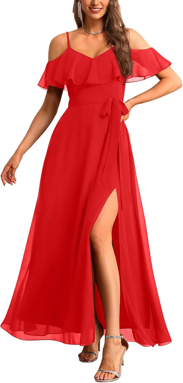 Formal Dresses for Women - Off The Shoulder Wedding Guest Bridesmaid Prom Chiffon Flowy Split A-Line Long Dress