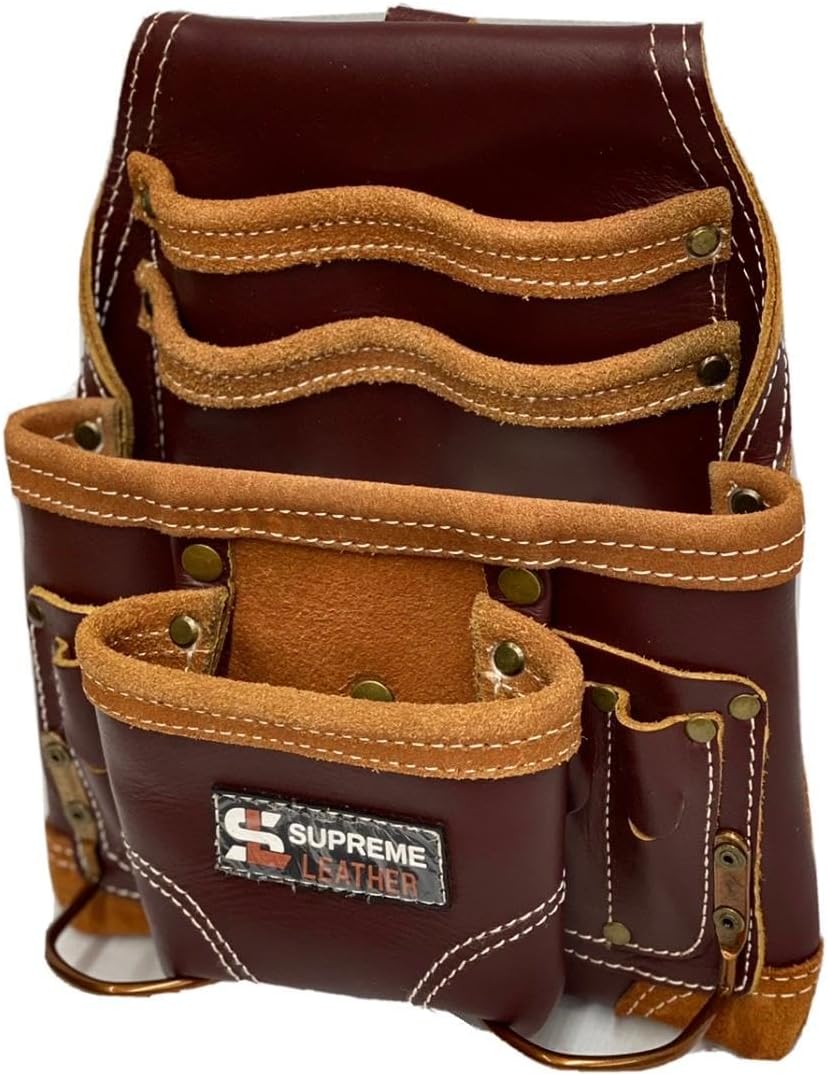 Supreme Leather Tool Pouch – 10 Pocket Tool Bag with 2 Stainless Steel Hammer Holders | Heavy-Duty Top Grain Leather Electrician’s Pouch for Construction, Carpenter & Woodworking