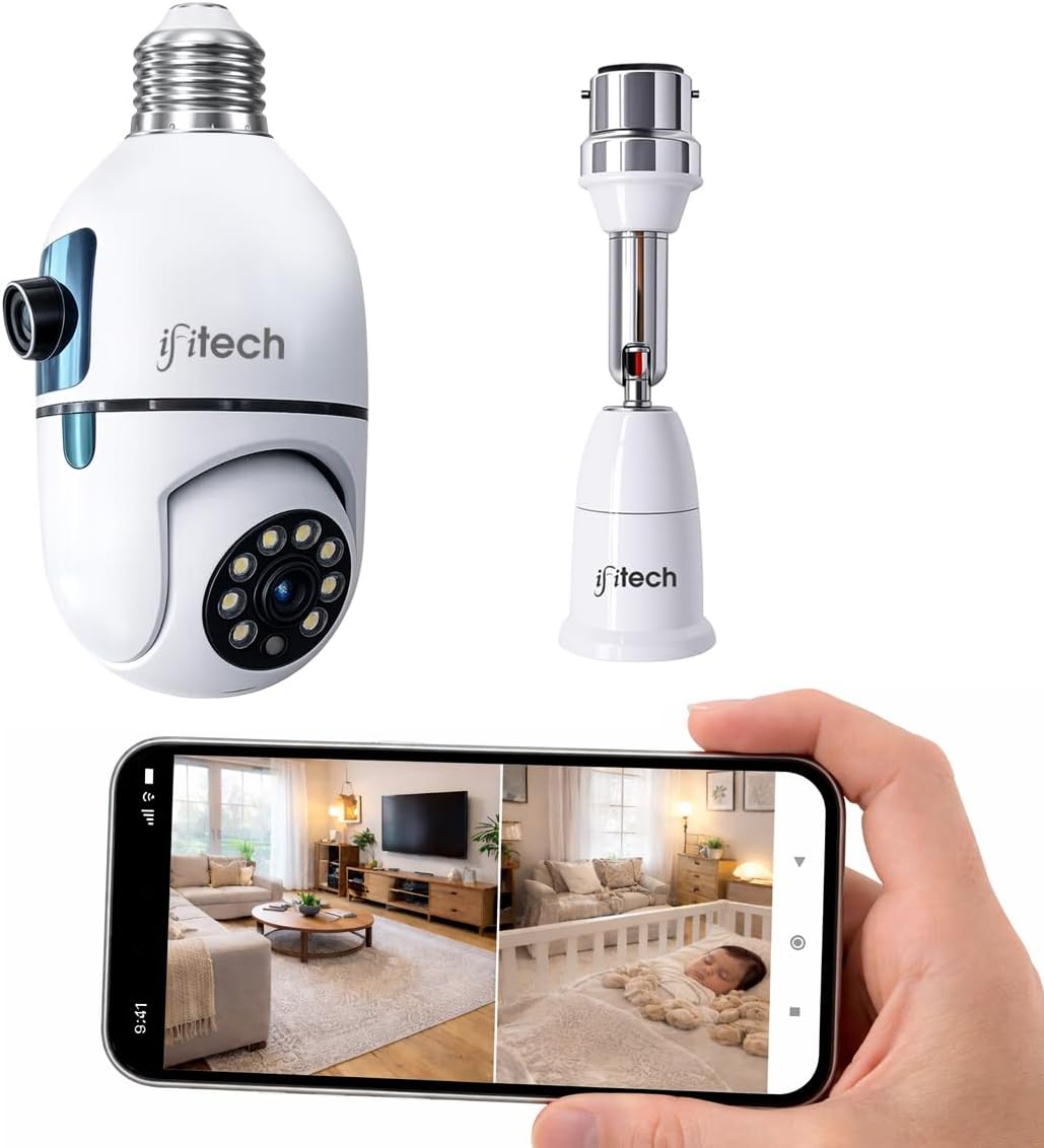 IFITech 4MP Dual Lens WiFi Bulb Camera | Indoor Security and Color Night Vision | 360ยฐ Adjustable View, TwoโWay Audio, App Control | WiFi Bulb Security Camera with Adjustable Extension Bulb Holder