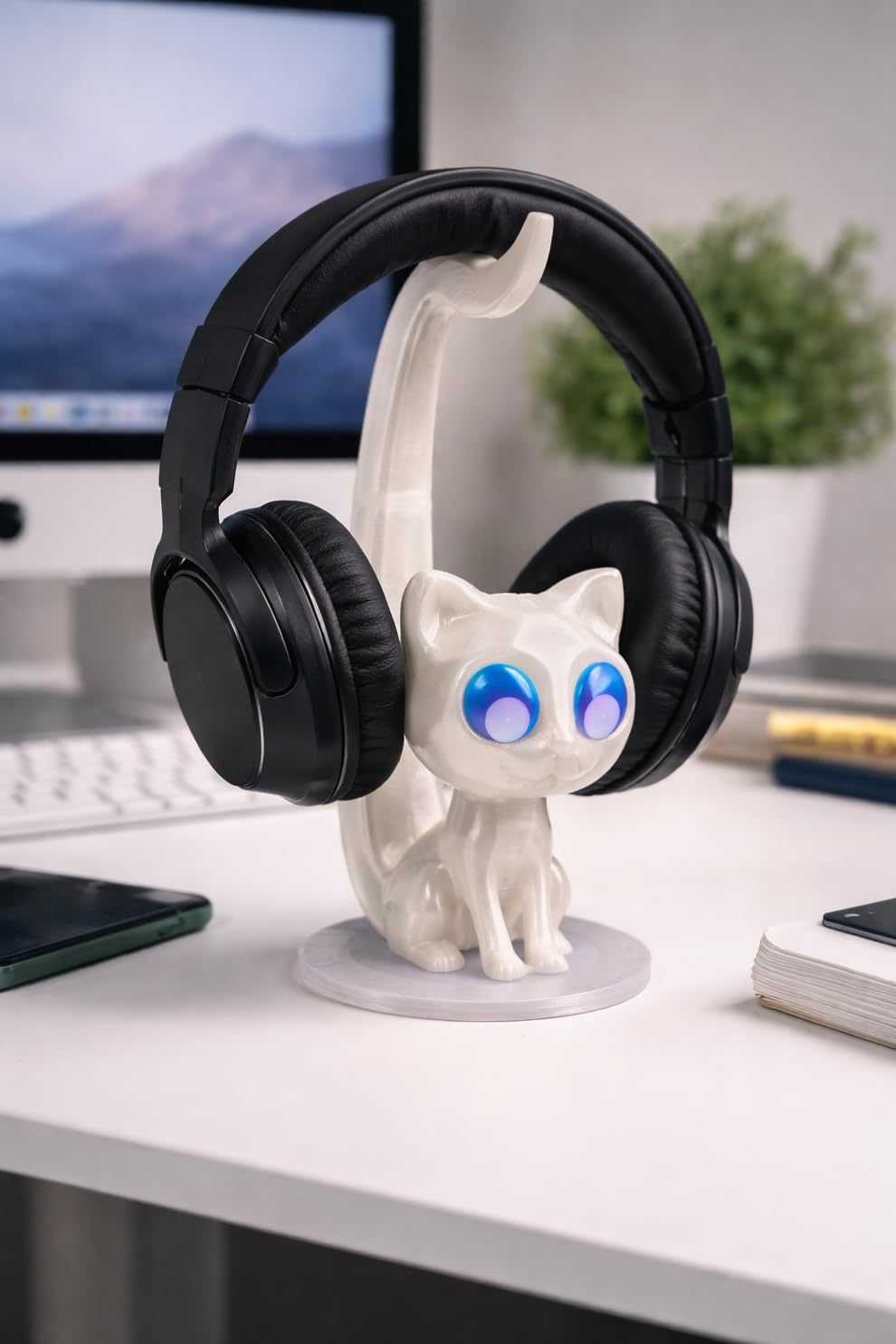 3D Printed Cat Headphone Stand for Desk | Aesthetic Headset Stand & Holder | Cute Desk Organizer for Office & Gaming Setup | Premium Desktop Headphone Holder Gift (Daisy White)