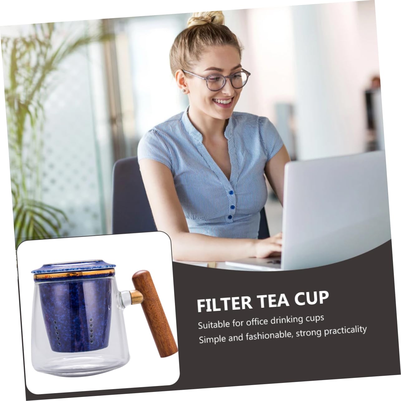 LIFKOME Glas Keramik Teebecher 400ml mit Deckel, Blau für Büro