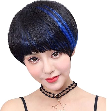 Amazon Co Jp Mxfz シルバースターウィッグショートヘア女性ハンサムインサイドバックル学生甘いとラブリー Color Black Highlight Blue ビューティー