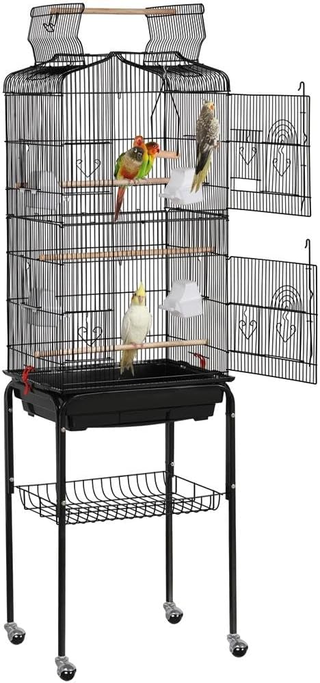 Yaheetech Large Bird Cage Open Play Top Parrot Cage Metal Budgie Cage with Rolling Stand for Medium Canary Cockatiel Cage