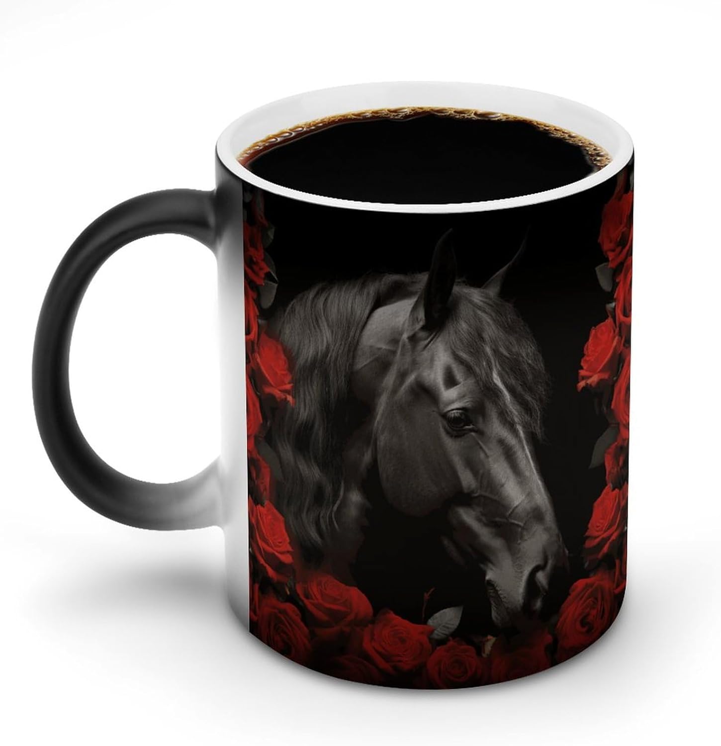 Color Changing Mug Black Horse on A Background of Red Roses Printed Ceramic Coffee Mug Heat Changing Sensitive Mug Magic Heat Changing Coffee Mug Novelty Coffee Mugs