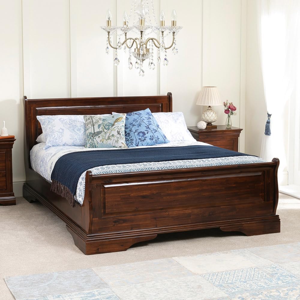 The Furniture Market French Solid Hardwood Sleigh Bed, 5ft King Size, Mahogany Finish, Elegant Curved Design, Solid Wood Frame with Pine Slats, Classic French Style - H 1015mm x L 2200mm x W 1630mm