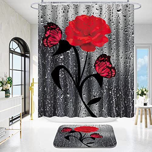 Poedist 4 Pcs Red Rose Valentine's Day Shower Curtain Sets With Rugs(Bath Mat,U Shape And Toilet Lid Cover) And 12 Hooks For Bathroom #TOP1