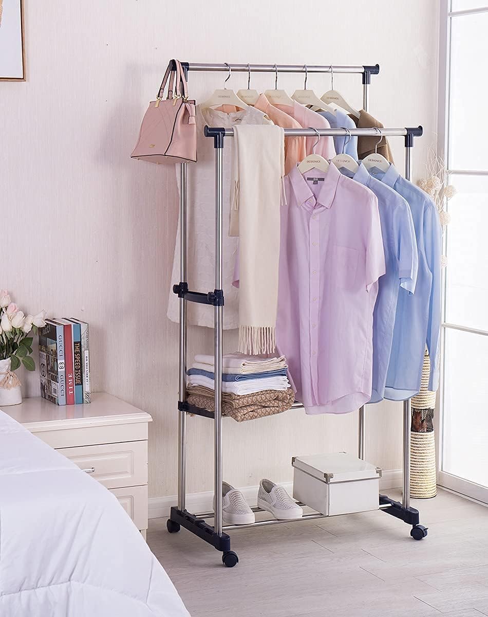 FI FIDROXIMPERIA Fidrox M3 Stainless Steel Portable Double Pole Telescoplc Clothes Rack | Foldable Single Clothes and Garment Hanging Rack | Laundry Drying Stand with Wheels for Indoor and Outdoor
