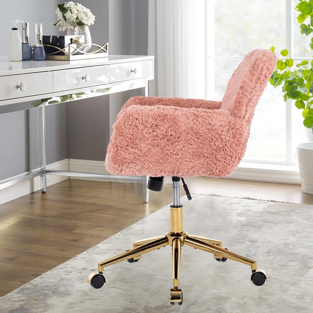 HomVent Fluffy Desk Chair Pink Faux Fur Vanity Chair Adjustable Swivel Computer Chair on Wheels Height Adjustable Cute Desk Chair for Makeup Room Teen Girls Bedroom Home Office (Pink P)