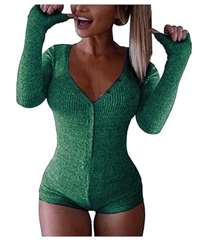 Roselux Women's Sexy Deep V Neck Shorts Long Sleeve Knitted One Piece Bodysuit Sexy Pajama Onesie Bodycon Rompers Overall - E-long Sleeves-green - Medium