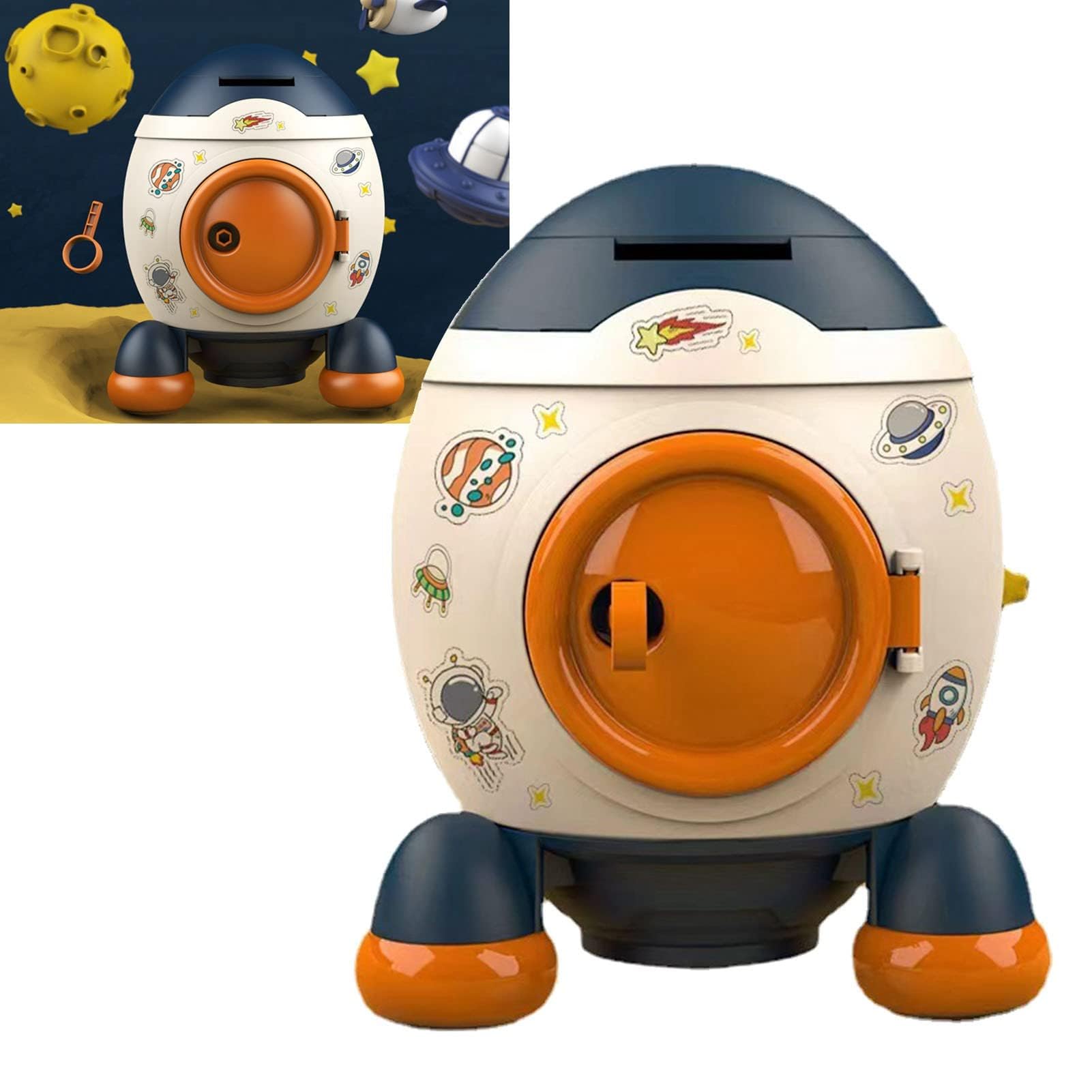 Salvadanaio a forma di razzo spaziale, stile cartone animato, salvadanaio per bambini, monete, salvadanaio per bambini, salvadanaio per bambini e ragazze (blu Morandi)