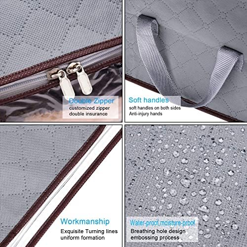 Awekris Foldable Storage Bag, Set of 3 Large Foldable Clothes Organizer 50 X 36 X 20 CM, Clear Window and Carry Handles, Great for Clothes, Blankets, Closets, Bedrooms and More (Grey)