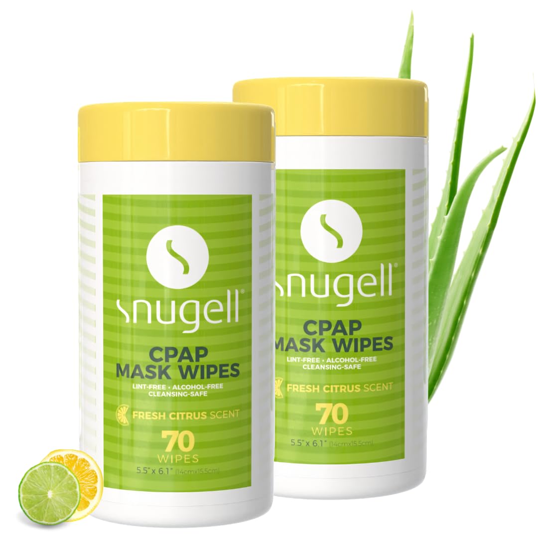 Snugell Fresh Citrus-Scented CPAP Mask Wipes – (2 Canisters,70 Wipes Each) – 100% Soft Cotton – Skin-Safe with Aloe Vera – Lint & Alcohol Free – Easy-Opening Design for Convenient CPAP Cleaning