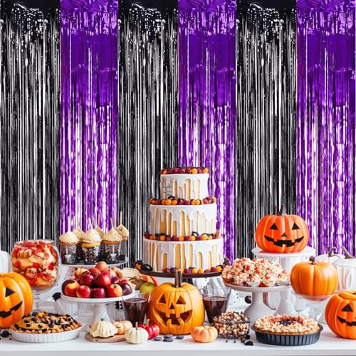 Image of TONIFUL 2Pcs Black Purple Door Streamers,Photo Booth Backdrop Metallic Streamers Foil Fringe Curtains for Birthday Christmas New Year Bachelorette Halloween Party Streamers Decor