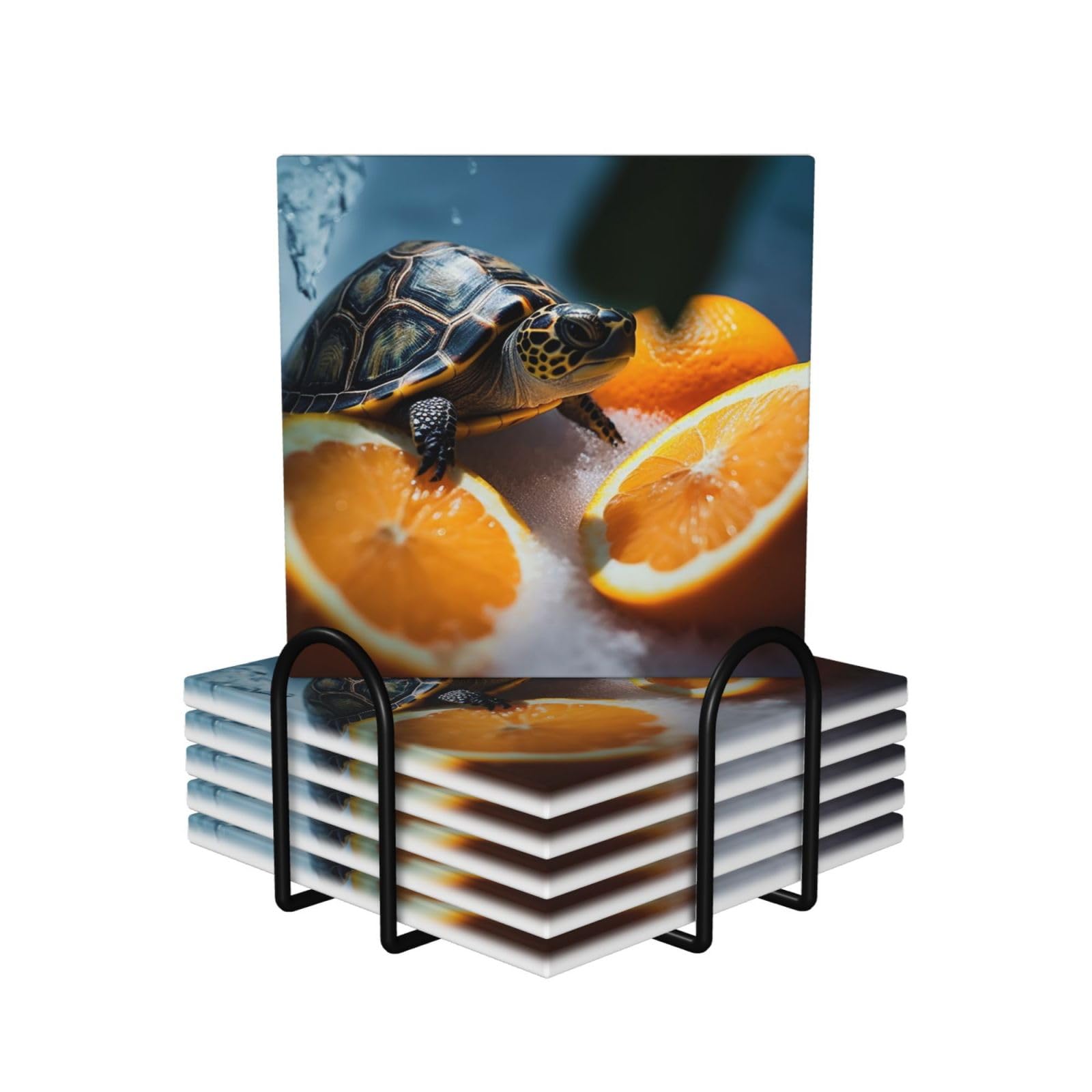 Dessous de verre en céramique lot de 6 carrés avec support métal motif tortues
