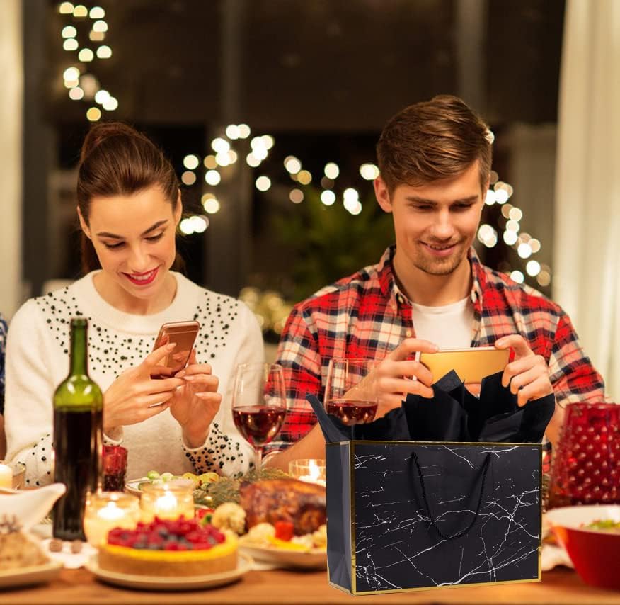 Miniatura 5 de ysmile Bolsa de regalo de mármol negro con papel de envoltura para hombres, bolsa de papel grande de regalo de cumpleaños de 16 y 12 pulgadas,