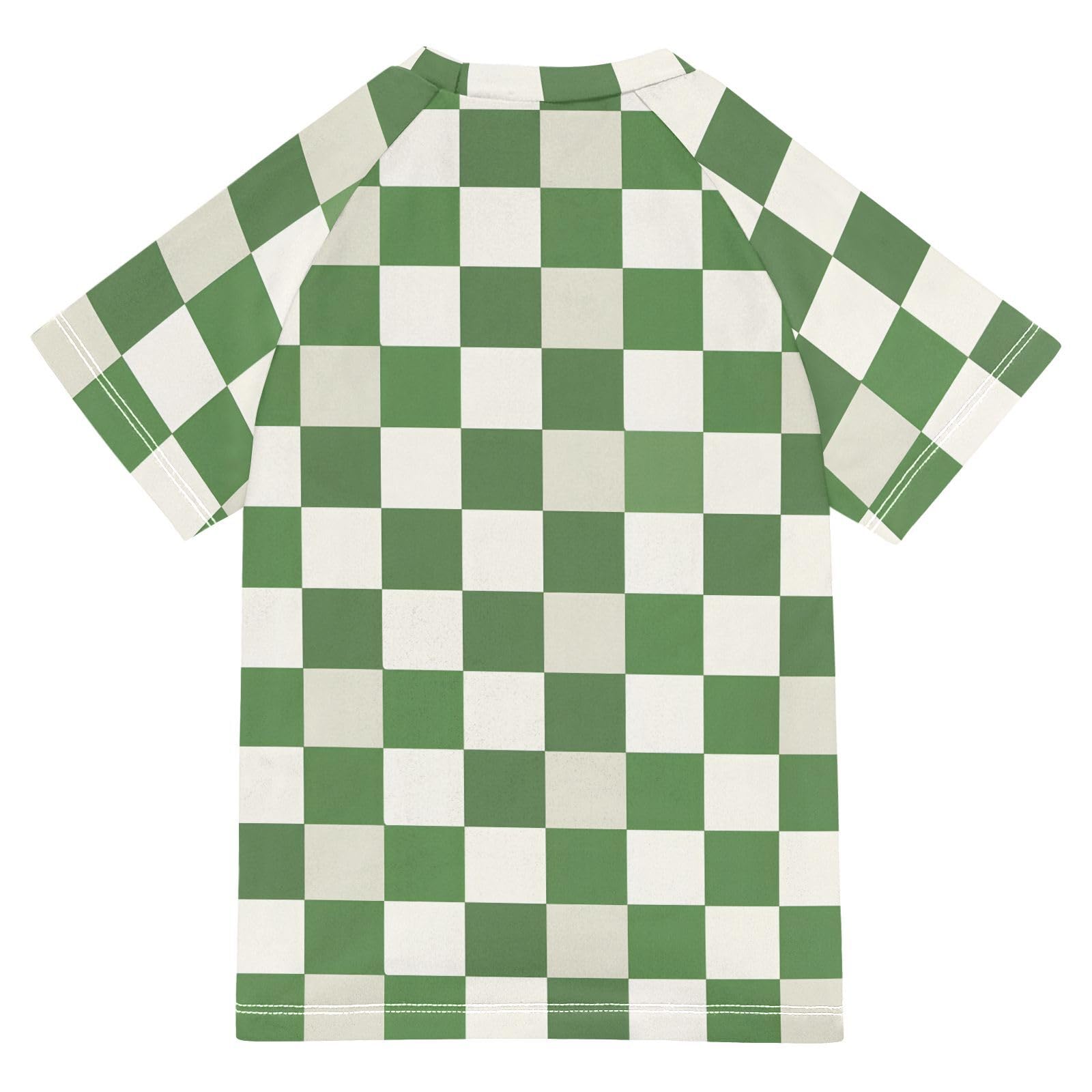 ALAZA Boys Rash Guard Swimming Shirt for Boys Short Sleeve Green White Checkered UPF 50+ 5-6T
