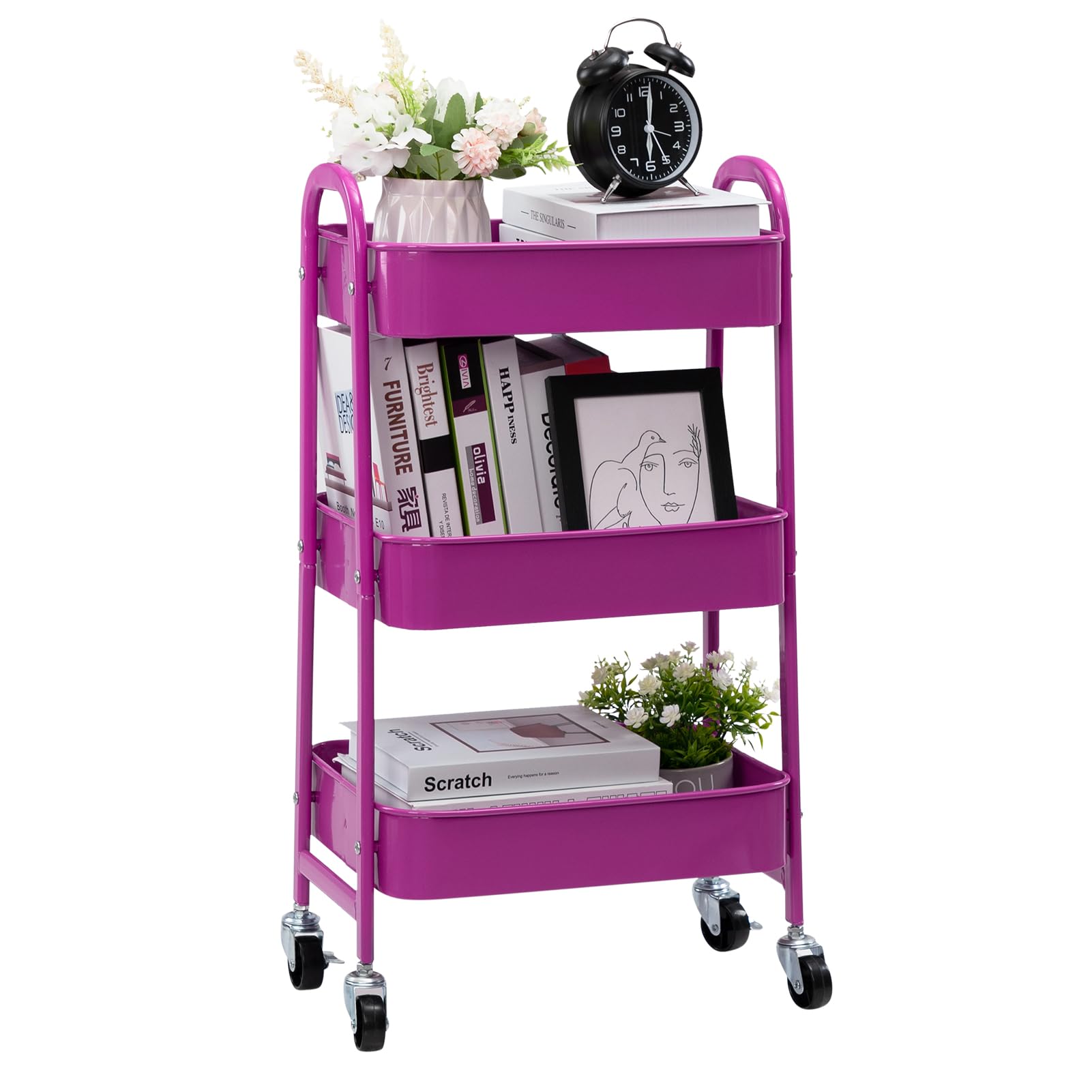 Carrito rodante de metal de 3 niveles con ruedas, estantes versátiles para manualidades de cocina y utilidad, solución de almacenamiento morado oscuro para baño, oficina y hogar