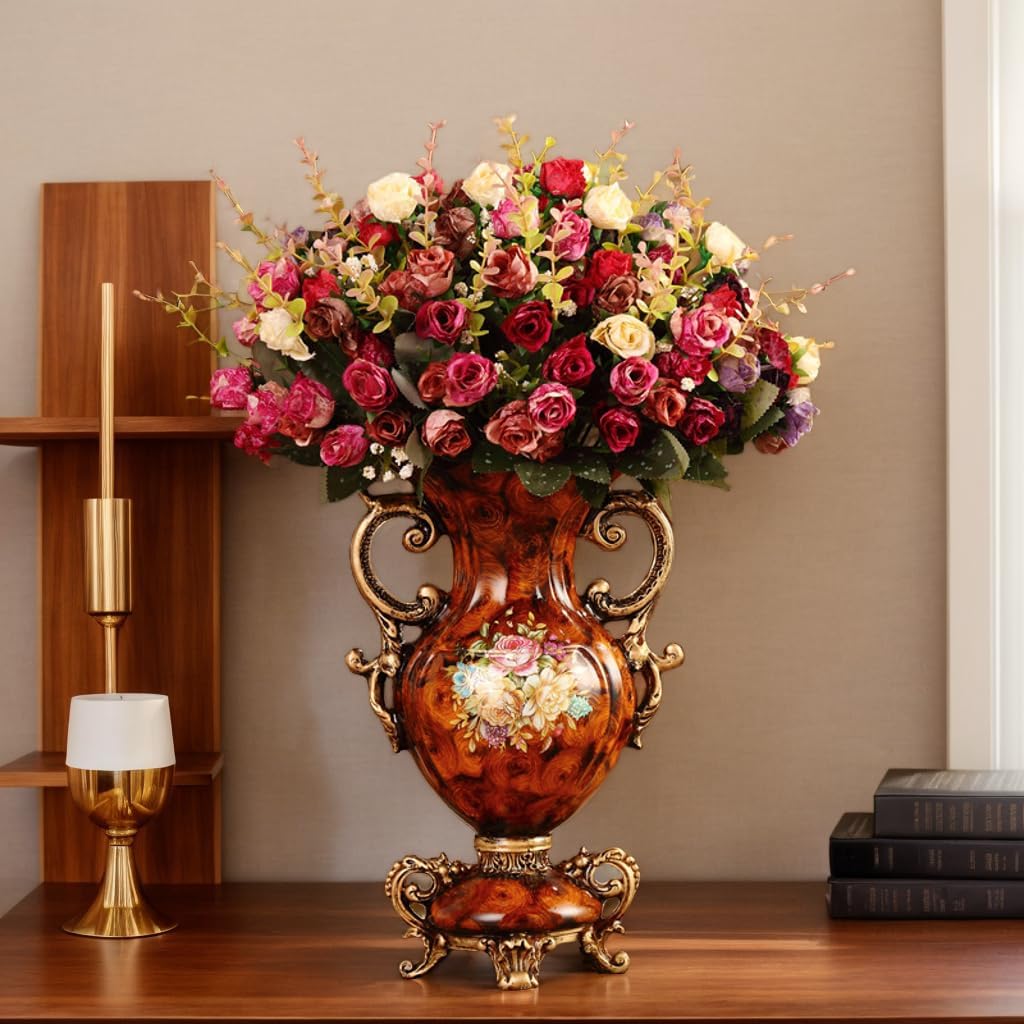 Vase with Artificial Flowers – European Wood Grain Resin Vintage Vase, Hand-Painted Retro Floral Arrangement for Home Table Centerpiece, Living Room Decor, Wedding Party Decoration