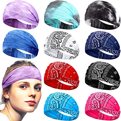 10 Pieces Paisley Print Headbands Wide Tie Dye Bandana Headbands Adjustable Turban Headwrap Yoga Headbands for Women Girls Yoga Exercising