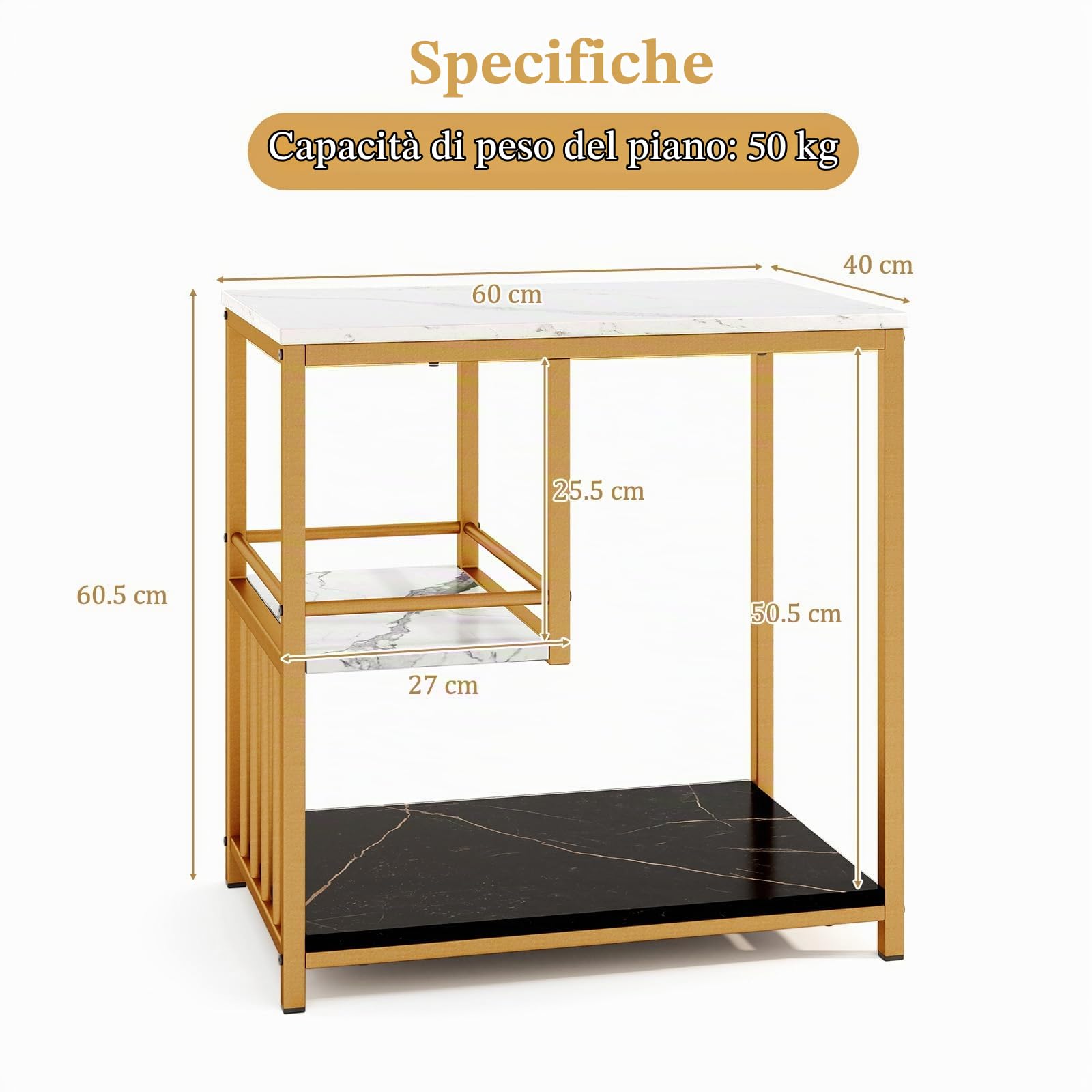 LIFEZEAL Tavolino Laterale da Divano a 3 Ripiani, Effetto di Marmo, Oro+Bianco, Tavolino Lato da Salotto Piccolo, Tavolino da Caffè, Decorativo, Moderno, Salvaspazio, Soggiono, Max 80kg, 60x40x60,5 cm