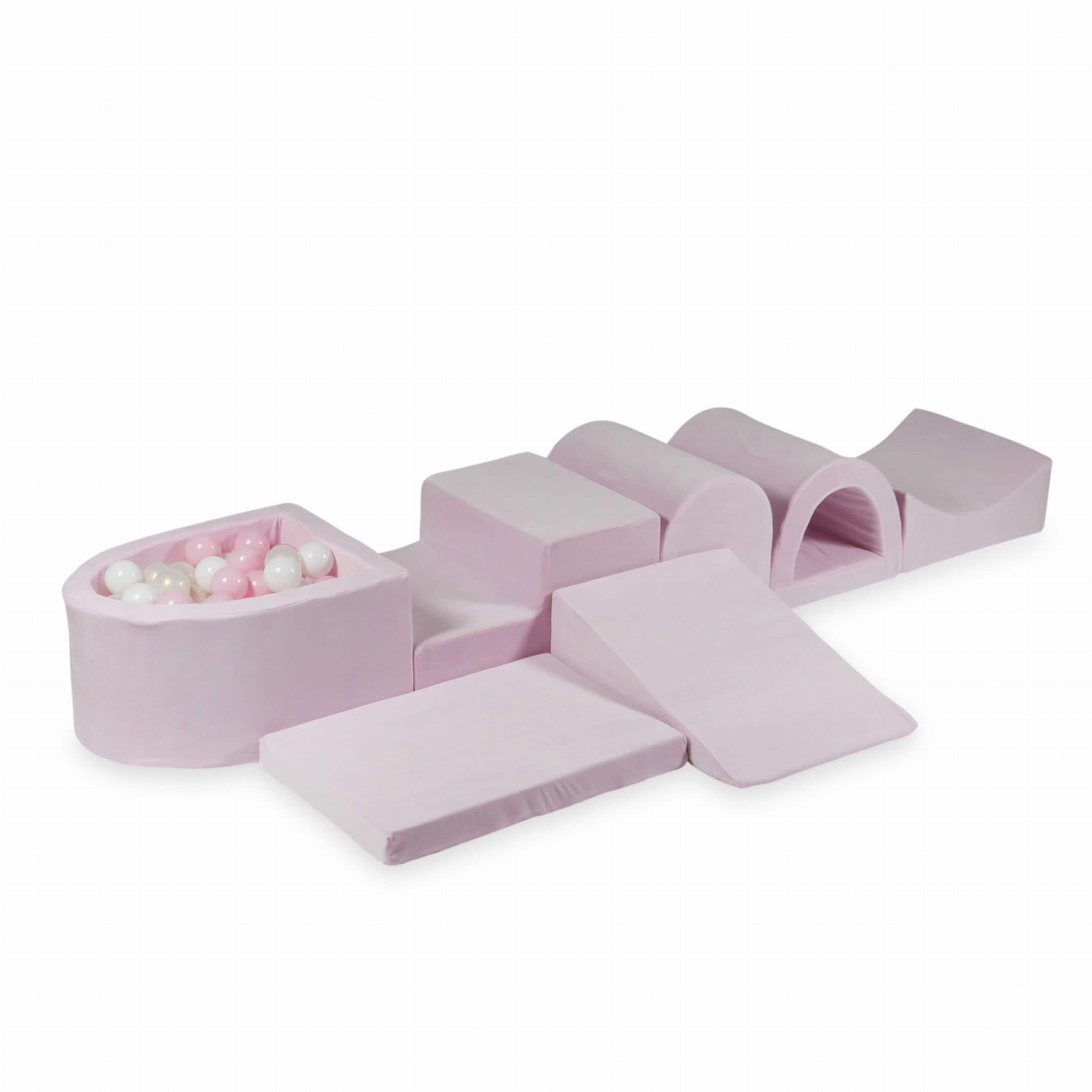 Mimii Parco giochi XXL in schiuma con vasca con palline Velvet Soft rosa chiaro (100 palline: bianco/rosa chiaro/opale), grandi mattoncini da costruzione per gattonare e arrampicare, morbidi