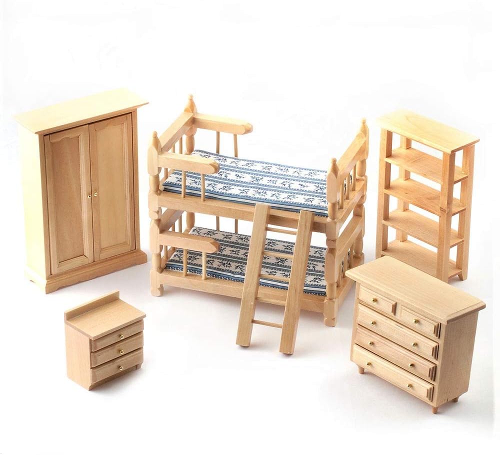 Melody Jane Dolls Houses Dollhouse Light Oak Bedroom Furniture Set with Bunk Bed 1:12 Scale