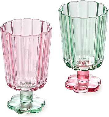 Tall Ripple Drinking Glasses Set 2pcs, Unique Petal Style Glass Goblet, Suitable for Juice, Ice Cream, Cocktails. 2 Colors. Pink & Green