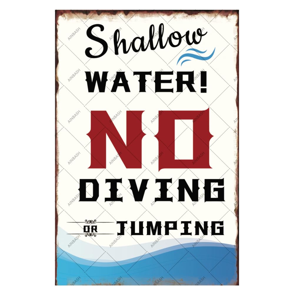 Photo 1 of *Bent* Ainbash Pool Decor Metal Tin Sign Pool Warning Metal Sign Vintage Pool Decor Shallow Water No Diving Or Jumping Tin Signs no diving pool sign pool tin signs Stickers Poster Bar Decor 8x12 Inch