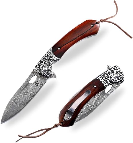 Koch Knives KKGT0166 Folding Knife – 67-Layer VG-10 Damascus Steel Blade – Rosewood Handle – Steel Bolster – Liner Lock – Flipper Tab – 205mm Length