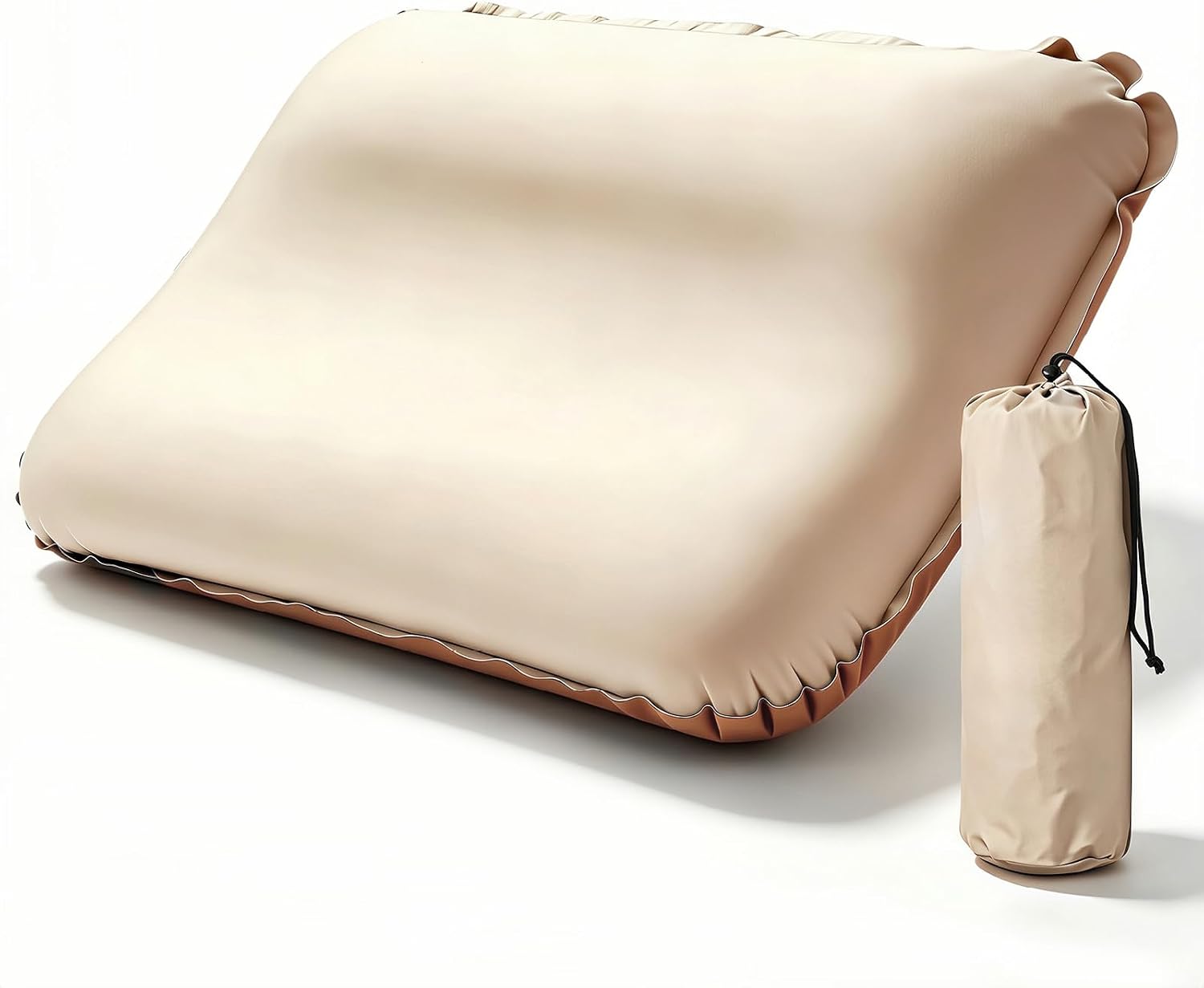 Inflatable Camping & Travel Pillow, Memory Foam Pillow | Automatic inflation, ergonomic portable design. For airplane, hotel, hiking, backpacking. Compact beige pillow