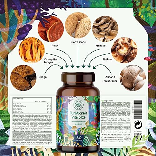 Mushroom Complex - Mushroom Supplement 60 Vegan Capsules - Mushroom Complex 6 with Lions Mane, Reishi, Maitake, Shiitake, Chaga, Cordyceps Plus Agaricus - Vegan Mushroom Capsules by Alpha Foods