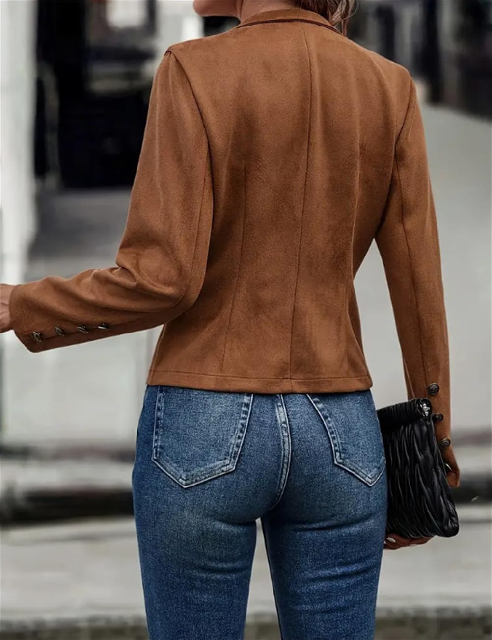 Damenjacke aus Wildlederimitat, vorne offen, zweireihig, langärmelig, hellbraune Jacke für Damen
