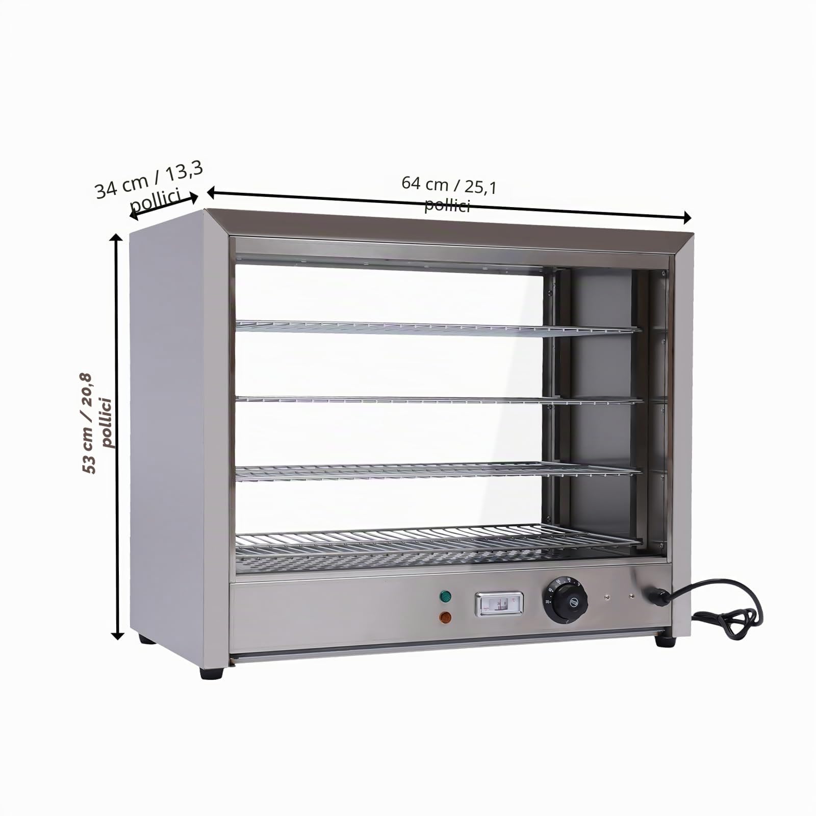 Vetrina per ristorazione, 4 ripiani, bancone caldo commerciale, scaldavivande da 800 W e campo di calore da 30 a 85 °C e 56,3 x 28,5 cm, adatta per mense, panetterie, caffetterie, caffetterie, caffè
