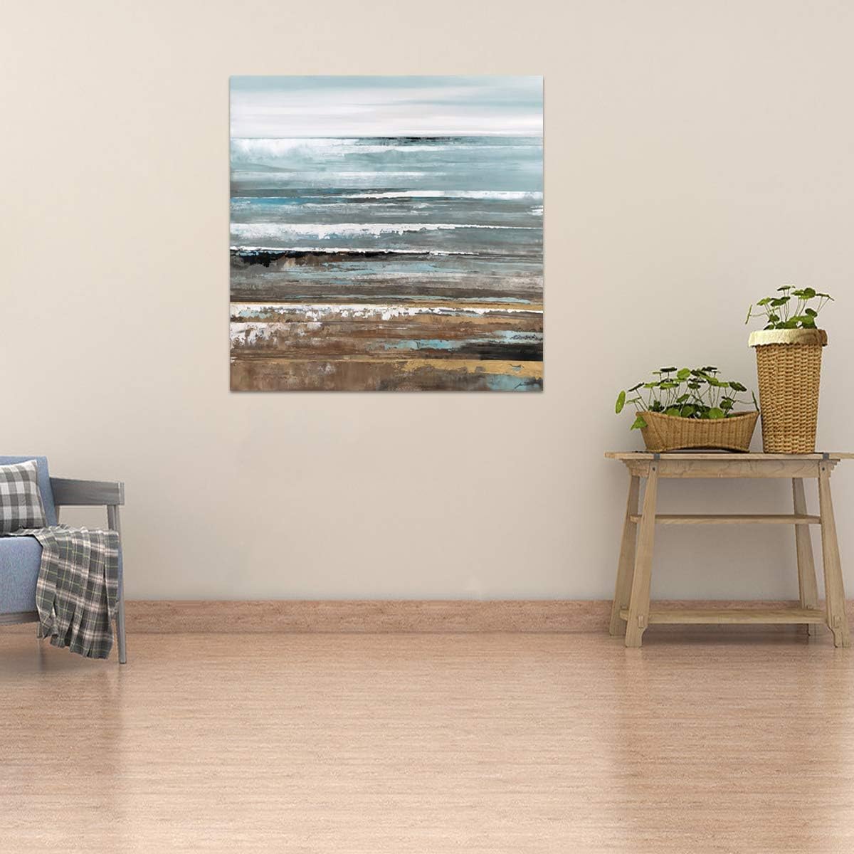 Yihui Arts Abstract Ocean Canvas Wall Art - Seawaves Paintings with Textured and Gold Foil - Modern Square Artwork for Living Room Bedroom Decor