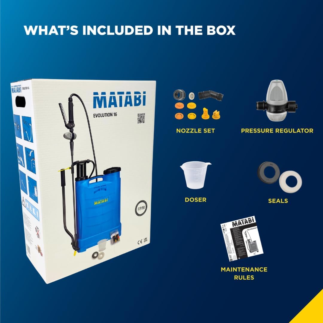 Matabi - Evolution 16 Backpack Sprayer - 4 Gal Capacity - Stainless Steel Handle - Versatile Nozzles - Professional Use - Pressure Regulator - Ideal for Over 400m² - Weed Sprayer