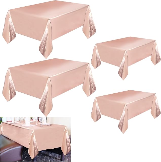 LJAPPLIED 4 Pcs Plastic Tablecloths, Happy Birthday Table Cloths, Rectangle Table Covers for Tables Indoor Outdoor Picnic Weddings Birthday Parties - Rose Gold, 2 Sizes
