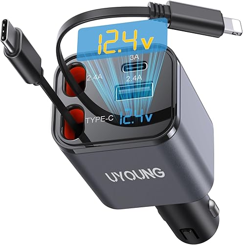 Miniatura 15 de Adaptador de cargador de teléfono para automóvil, paquete de 2, cargador retráctil para automóvil 4 en 1, carga rápida, cables retráctiles duales de