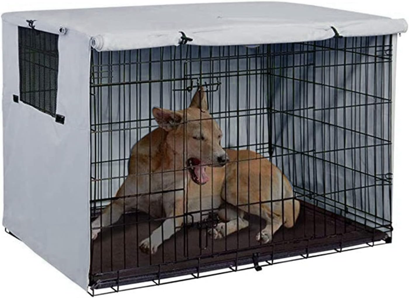 Dog Crate Cover, Pet Cage Cover with Dual Roll - Up Doors, 210D Silver Coated Oxford Cloth Sunscreen Kennel Cover for Outdoor Use, Fits 124.5x84x79cm (Gray)