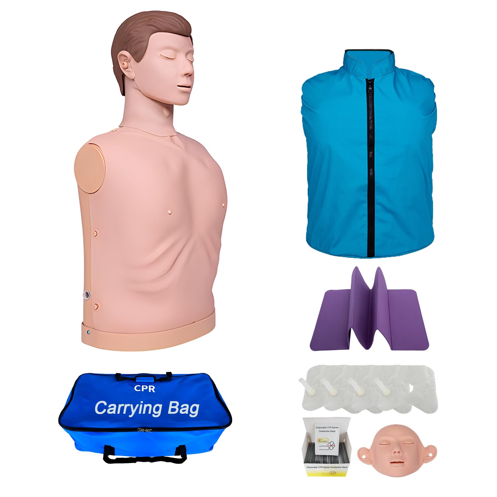 DRXRD Maniquí de Entrenamiento en Primeros Auxilios Cuerpo Medio Muñeco RCP con Mascarilla Reemplazable + 4 Bolsas Pulmonares Reemplazables + Estera + Bolsa de Transporte