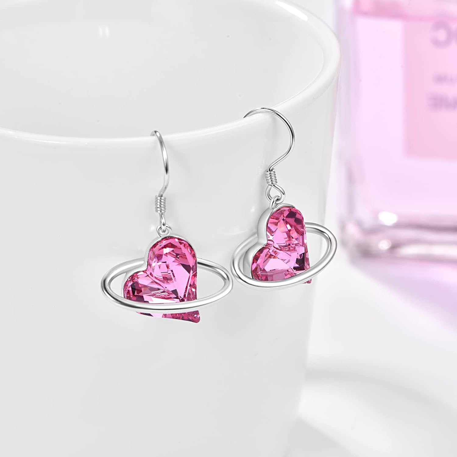 Pink Heart CZ Dangle Earrings Sterling Silver Planet/Butterfly Hook for Women - Image 2