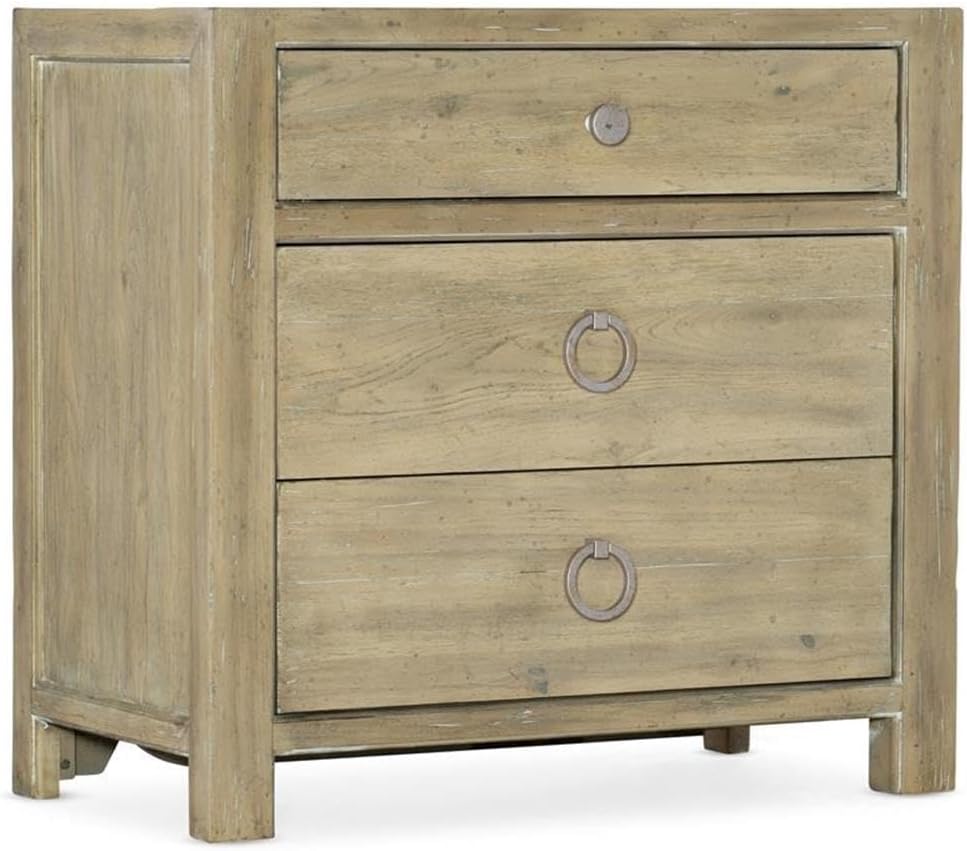 BOWERY HILL Modern Bedroom Nightstand, Pecan Veneers, Driftwood Finish, 3 Self-Closing Drawers, Nickel Bronze Hardware, USB Outlet, Touch Light, Stylish Design for Contemporary Bedrooms