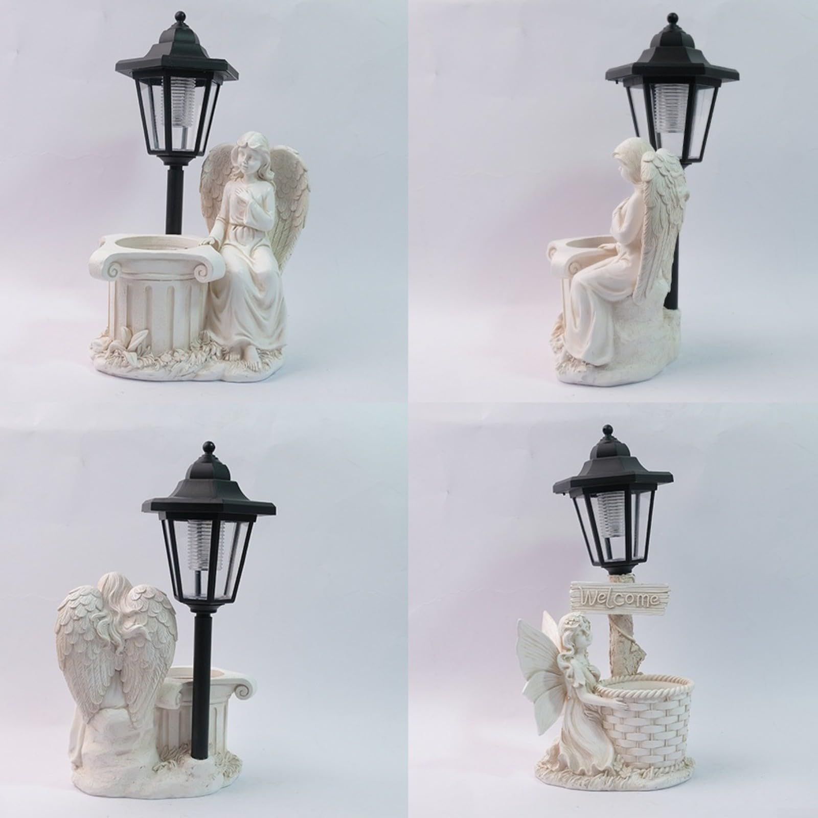 Maceta solar de resina de estilo europeo, estatua de jardín decorativa hecha a mano con luz nocturna LED, IP44 impermeable, decoración de paisaje al aire libre para patio, acabado de cobre (D)