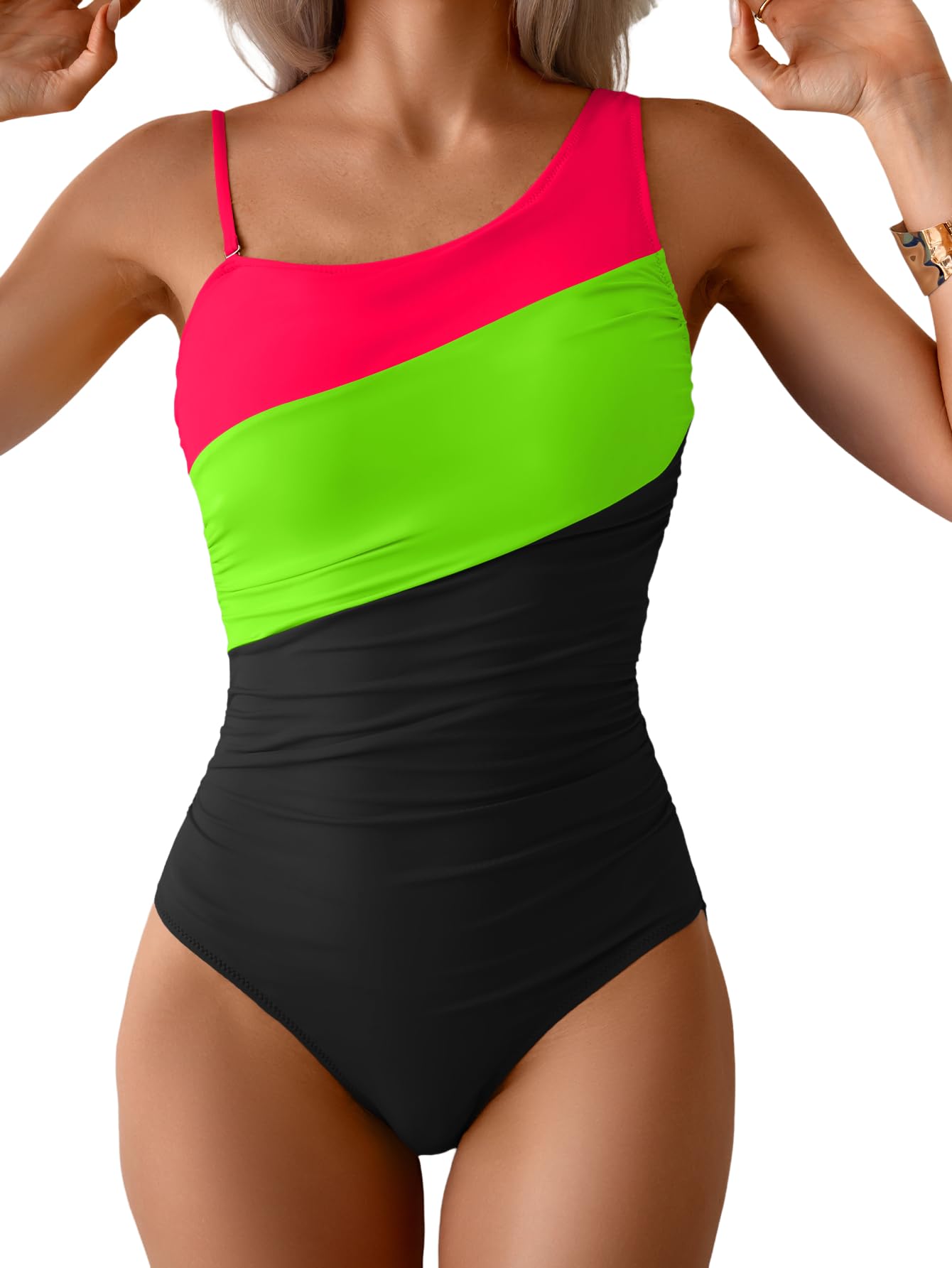 One Shoulder One Piece Swimsuit for Women Color Block Bathing Suit | Tummy Control, Ruched, Slimming, Removable Strap