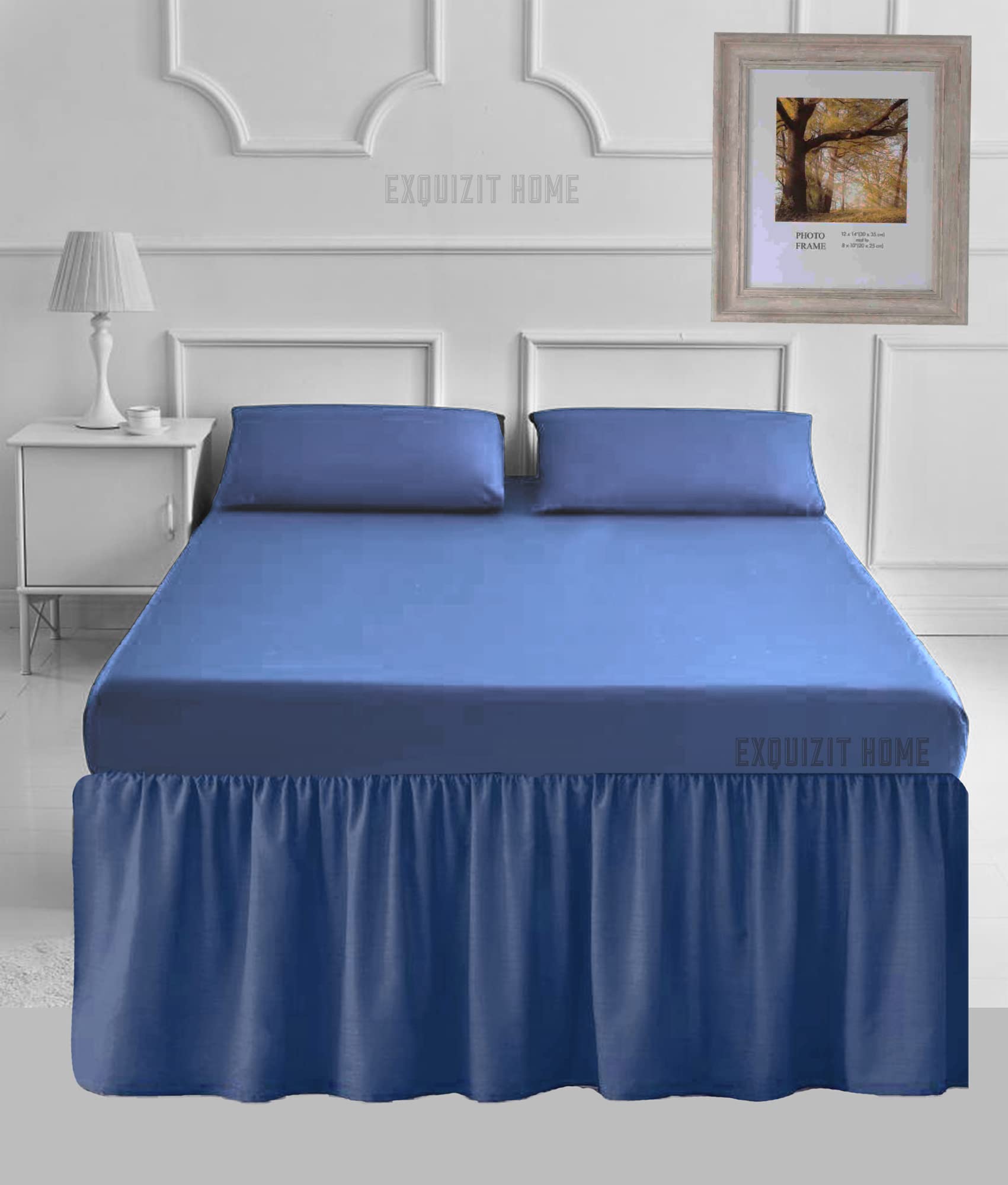 EXQUIZIT HOME® 16" Extra Deep Valance Sheet – 40cm Frilled Drop Polycotton Percale Base Valance, Plain Dyed Easy Care Bed Skirt (King, Mid Blue)